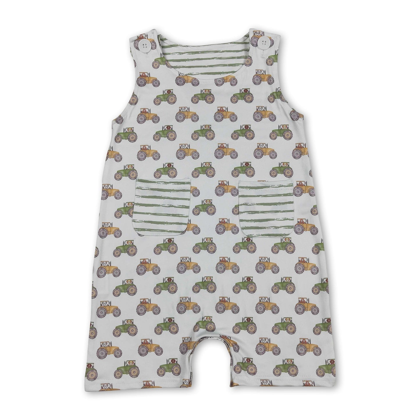 Sleeveless tractor stripe pocket baby boy romper