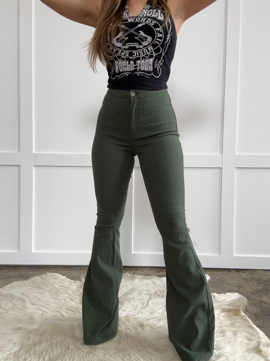 Fiona High Waisted Bell Bottom Flare Jeans – Olive
