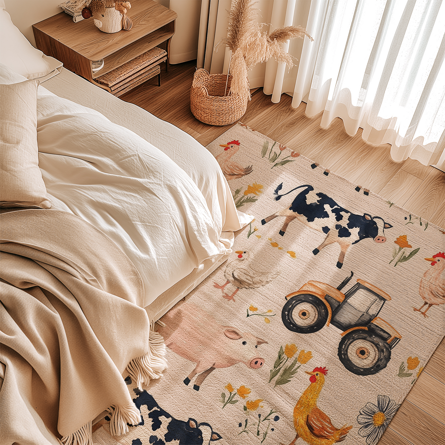 Farmhouse Kids Area Rug with Farm Animals &amp; Tractors