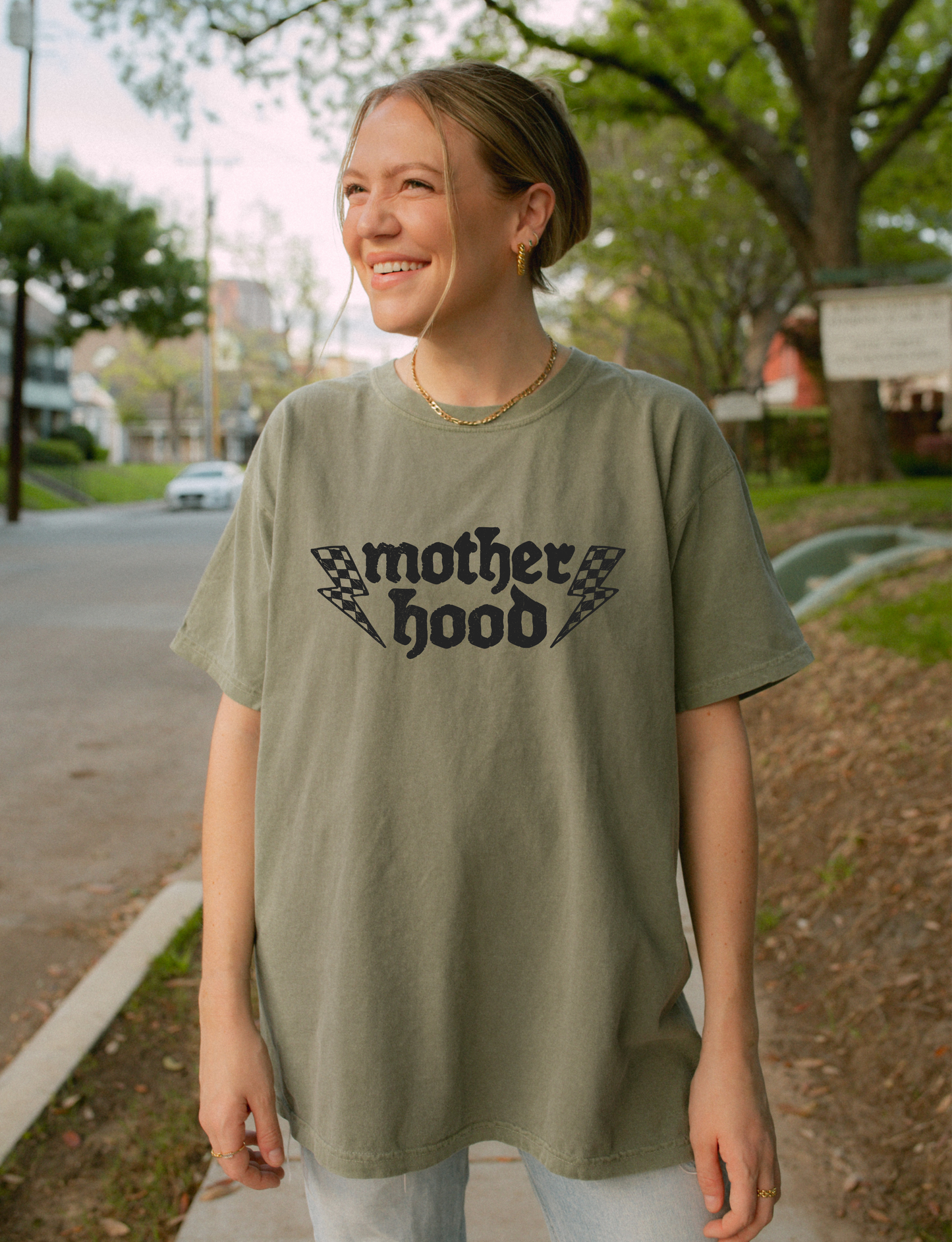 Motherhood Graphic T-Shirt — Vintage Racing Lightning Design