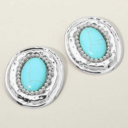 Bold Western Oval Turquoise Stone Center Beaded Frame Statement Earrings