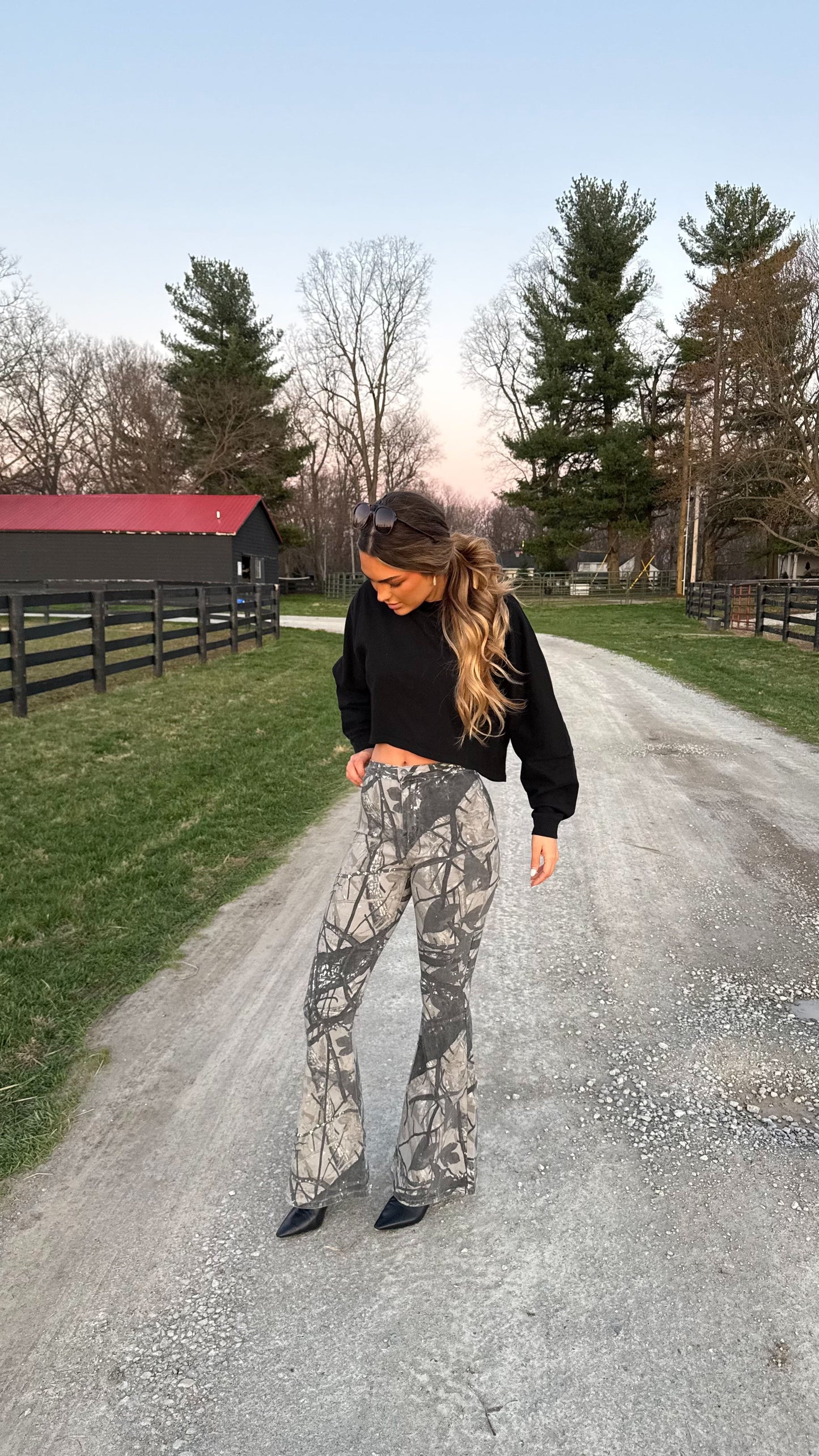 Fiona High Waisted Bell Bottom Flare Jeans - Storm Grey Camo