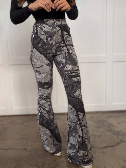 Fiona High Waisted Bell Bottom Flare Jeans - Storm Grey Camo