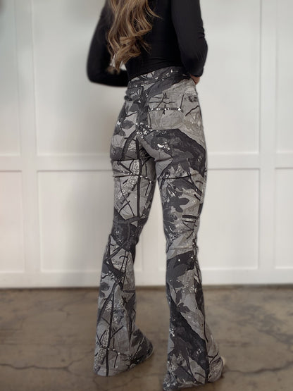 Fiona High Waisted Bell Bottom Flare Jeans - Storm Grey Camo