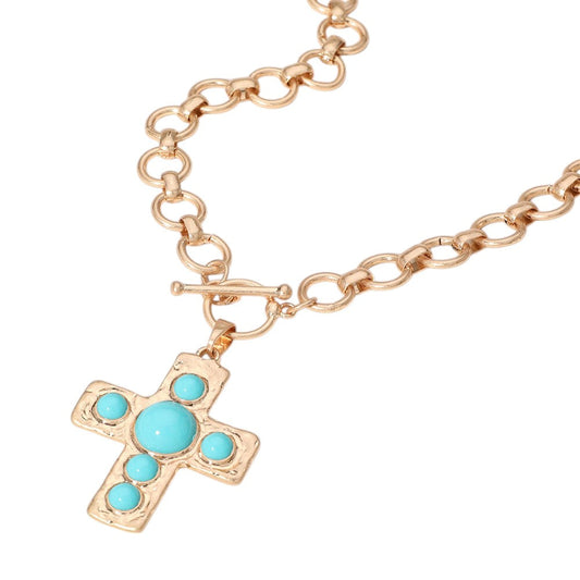 Turquoise Stone Cross Pendant Chunky Chain Necklace