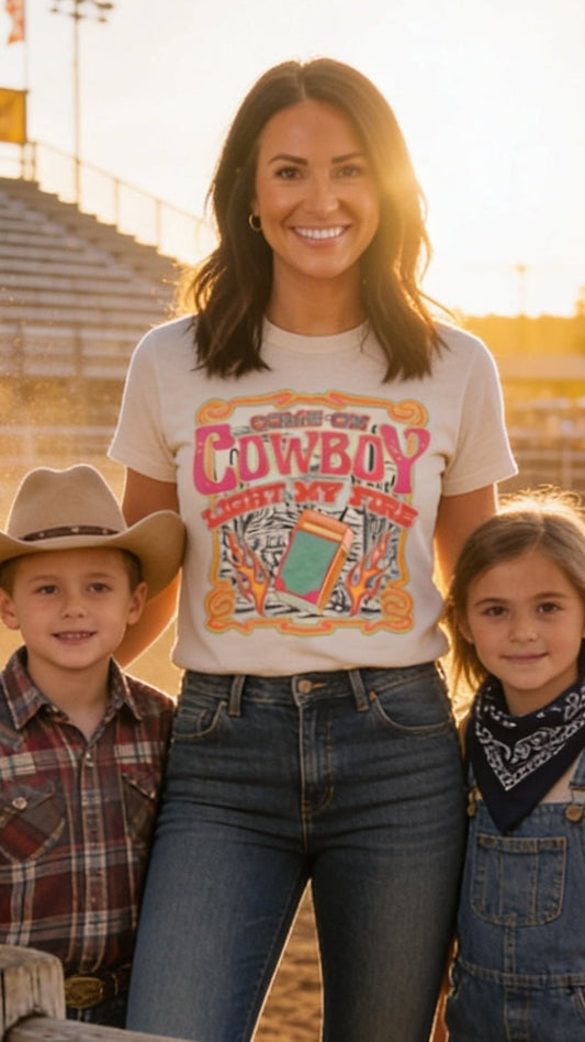 "Come on Cowboy, Light My Fire" Retro Western Graphic T-Shirt – Vintage Cowboy Core Tee