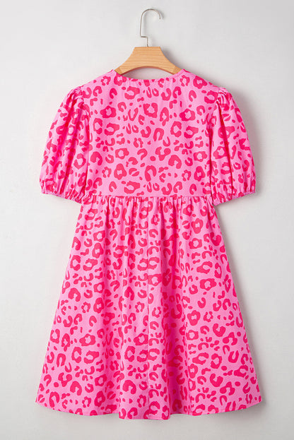 Rose Leopard Puff Sleeve Tie Front High Waist Mini Dress