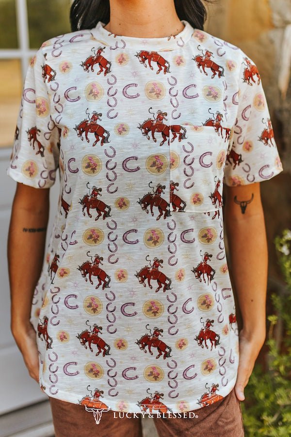 Vintage Rodeo Cowboy & Horseshoe All-Over Print Pocket Tee