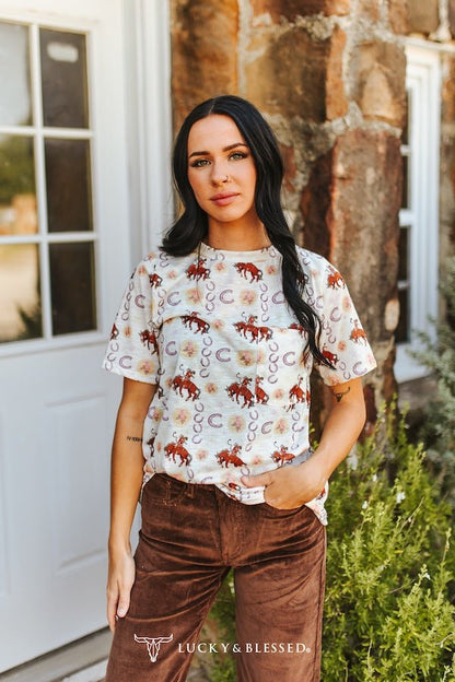 Vintage Rodeo Cowboy & Horseshoe All-Over Print Pocket Tee