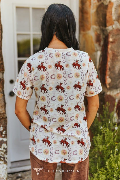 Vintage Rodeo Cowboy & Horseshoe All-Over Print Pocket Tee