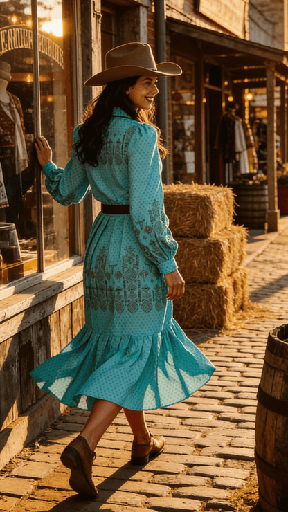 Jade Aztec Pearl Snap Button Down Pleated Dress