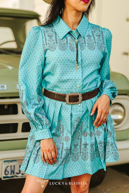 Jade Aztec Pearl Snap Button Down Pleated Dress