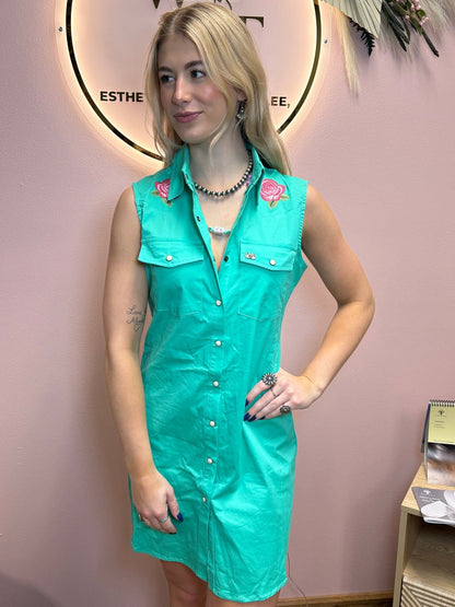 Jade Pearl Snap Button Down Floral Embroidered Sleeveless Stretch Tunic Dress