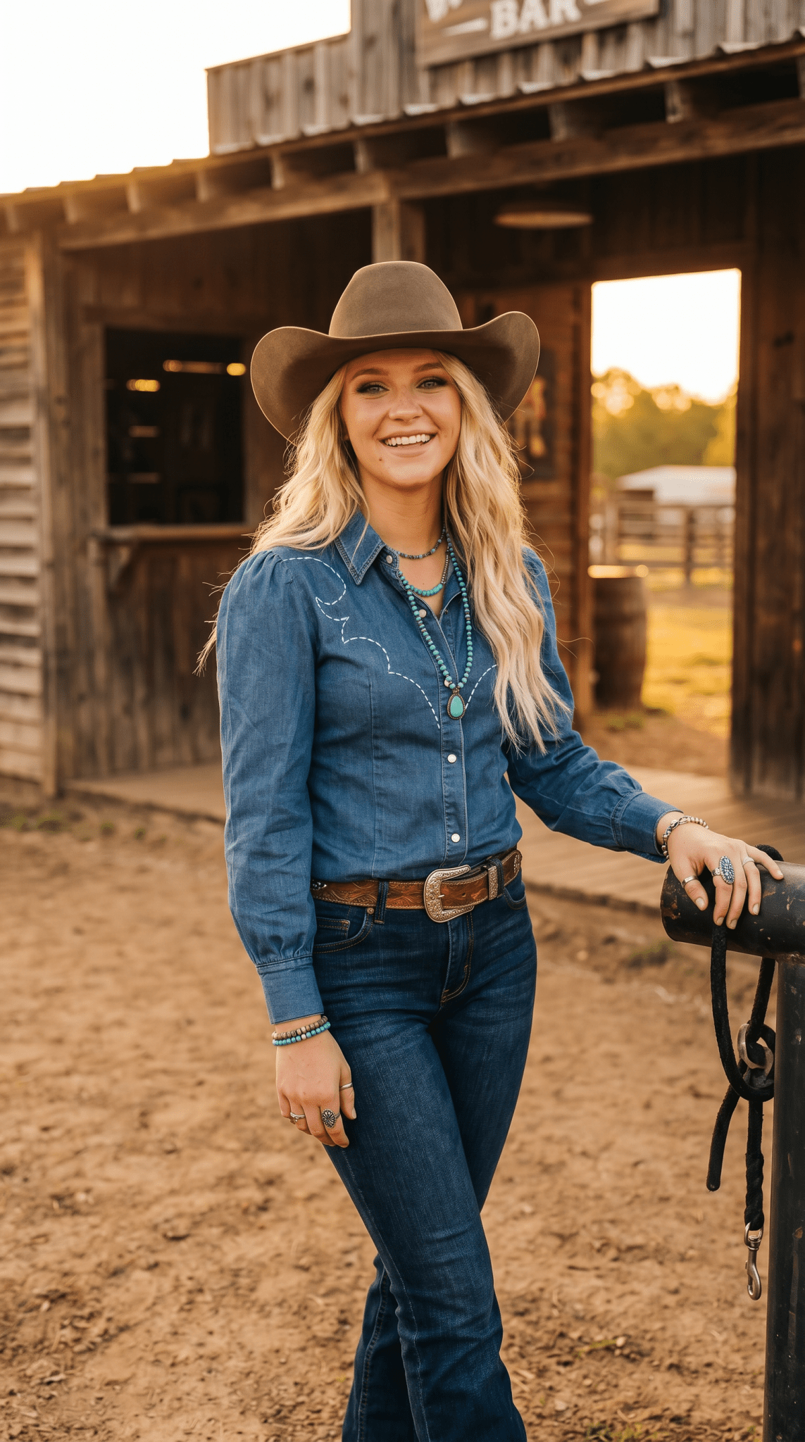 Mid Wash Denim Stretch Contrast Embroidered Long Sleeve Shirt