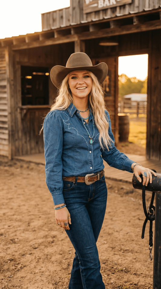 Mid Wash Denim Stretch Contrast Embroidered Long Sleeve Shirt