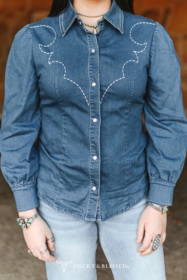 Mid Wash Denim Stretch Contrast Embroidered Long Sleeve Shirt