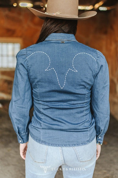 Mid Wash Denim Stretch Contrast Embroidered Long Sleeve Shirt