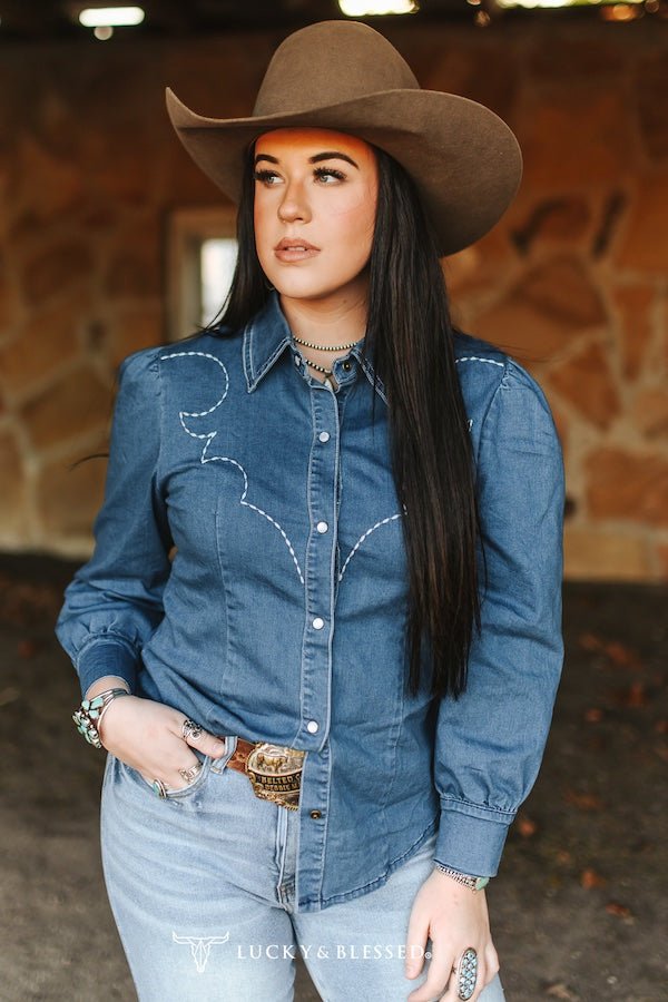 Mid Wash Denim Stretch Contrast Embroidered Long Sleeve Shirt