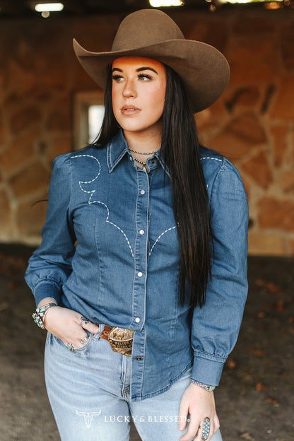 Mid Wash Denim Stretch Contrast Embroidered Long Sleeve Shirt