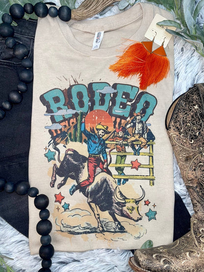 Vintage Rodeo Bull Rider Graphic Tee – Sand Unisex Western Shirt