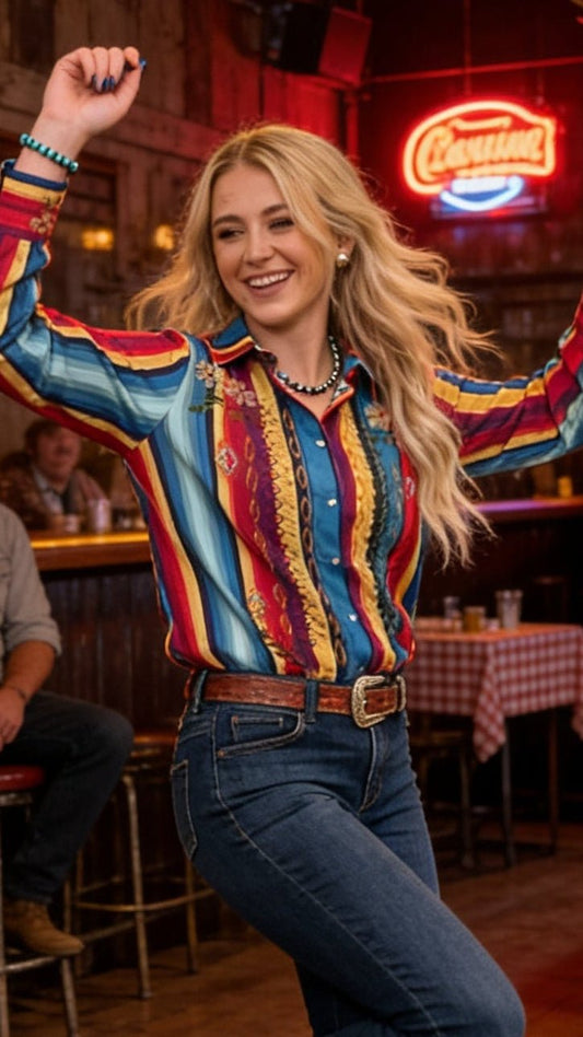 Serape Pearl Snap Embroidered Western Top – Red & Turquoise
