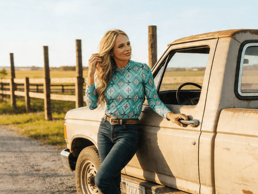 Turquoise Aztec Printed Long Sleeve Mesh Tops