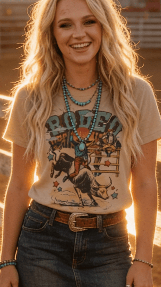 Vintage Rodeo Bull Rider Graphic Tee – Sand Unisex Western Shirt